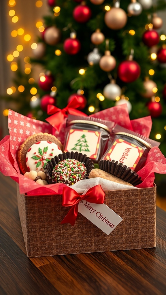 A festive Christmas dessert gift box filled with cookies, fudge, and truffles, decorated with a ribbon and tag.
